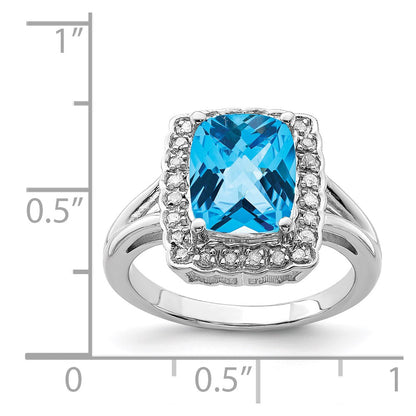 Sterling Silver Rhodium Checker-Cut Swiss Blue Topaz u0026 Diamond Ring