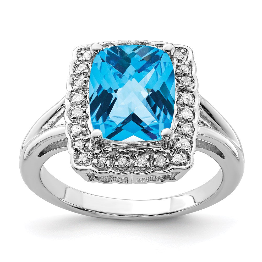 Sterling Silver Rhodium Checker-Cut Swiss Blue Topaz u0026 Diamond Ring