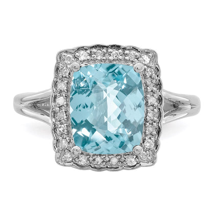 Sterling Silver Rhodium Checker-Cut Sky Blue Topaz u0026 Diamond Ring