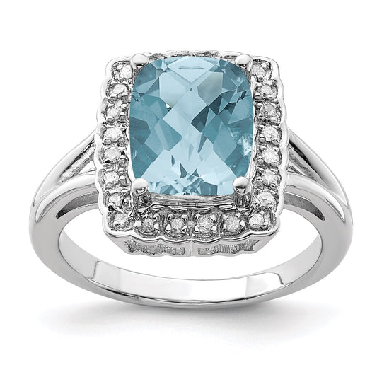 Sterling Silver Rhodium Checker-Cut Sky Blue Topaz u0026 Diamond Ring