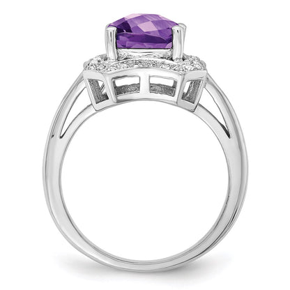Sterling Silver Rhodium-plated Checker-Cut Amethyst u0026 Diamond Ring