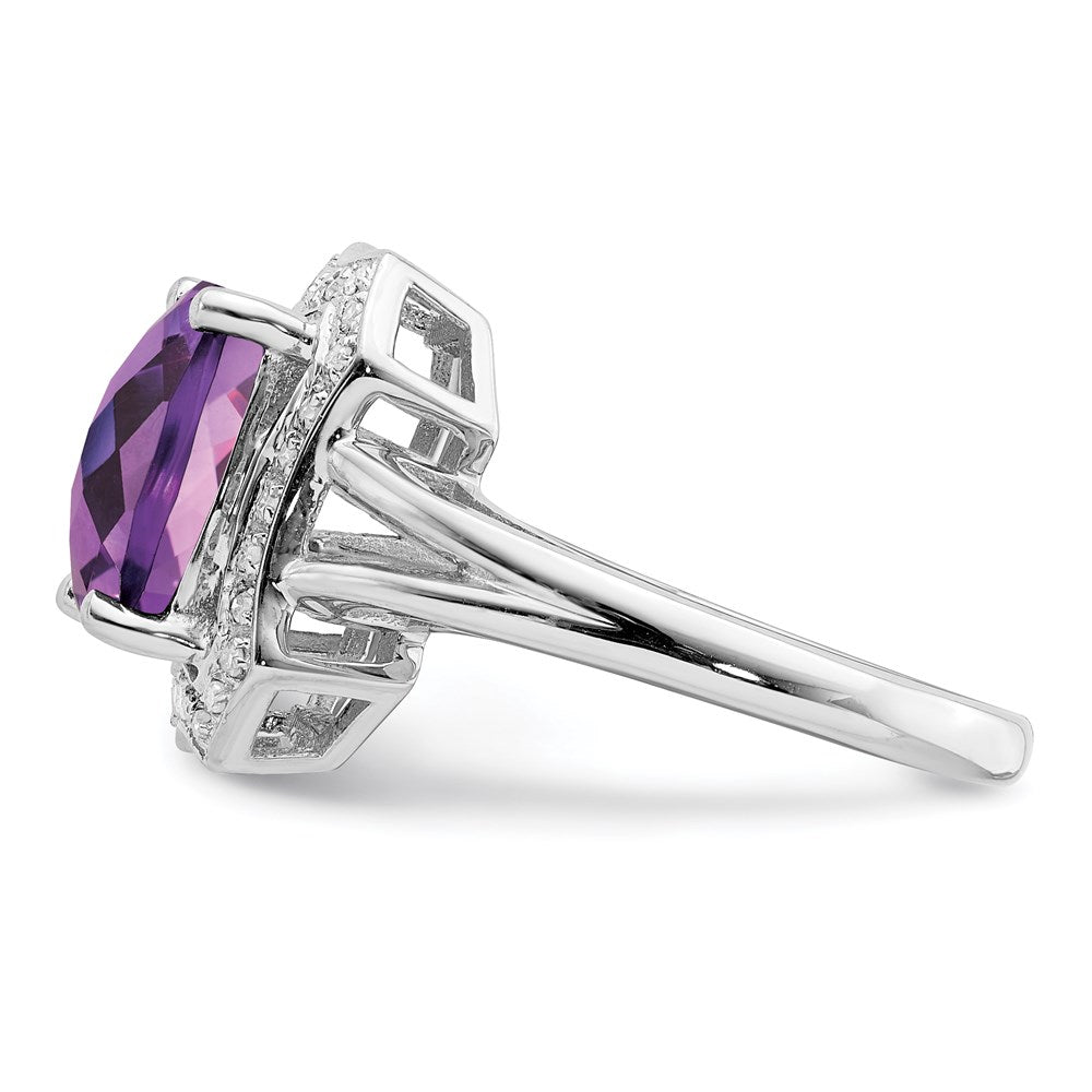 Sterling Silver Rhodium-plated Checker-Cut Amethyst u0026 Diamond Ring