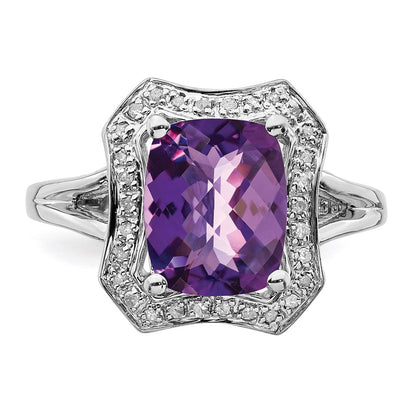 Sterling Silver Rhodium-plated Checker-Cut Amethyst u0026 Diamond Ring