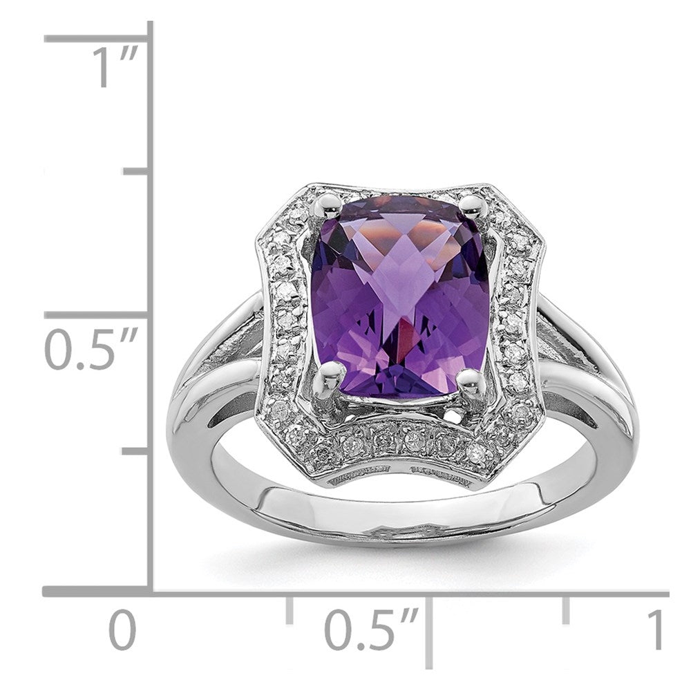 Sterling Silver Rhodium-plated Checker-Cut Amethyst u0026 Diamond Ring