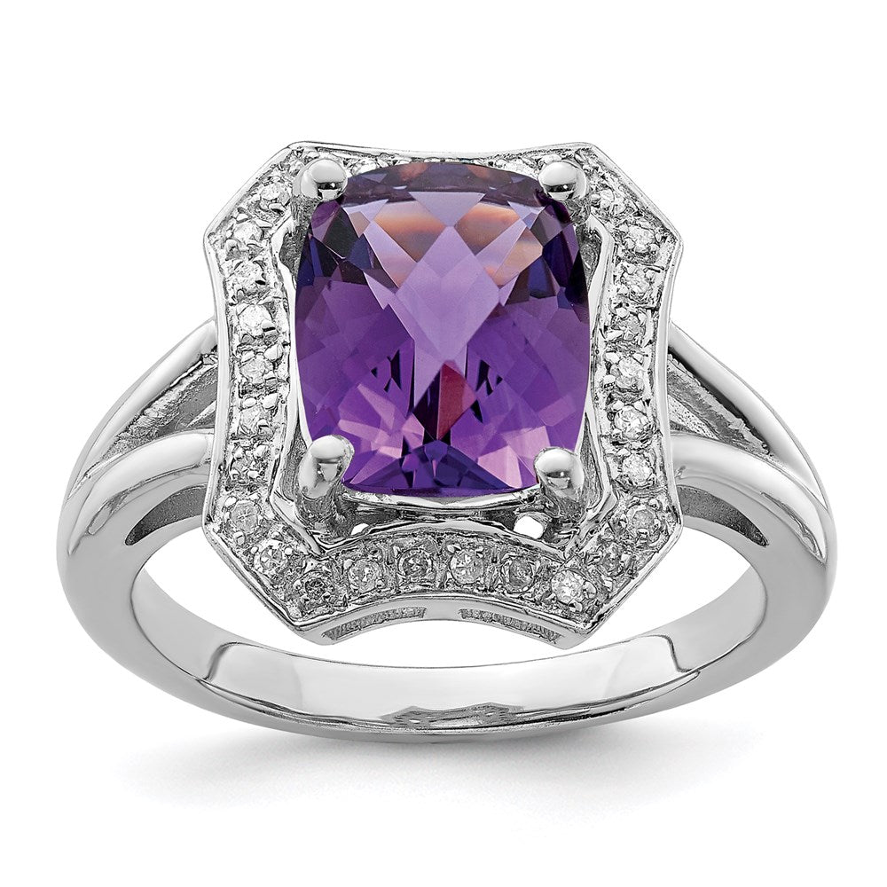 Sterling Silver Rhodium-plated Checker-Cut Amethyst u0026 Diamond Ring