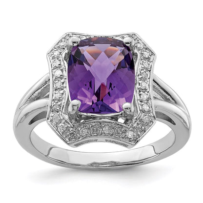 Sterling Silver Rhodium-plated Checker-Cut Amethyst u0026 Diamond Ring
