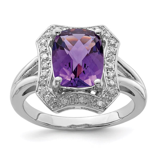 Sterling Silver Rhodium-plated Checker-Cut Amethyst u0026 Diamond Ring