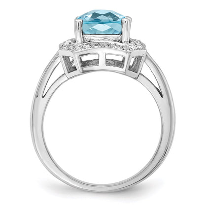 Sterling Silver Rhodium Checker-Cut Sky Blue Topaz u0026 Diamond Ring