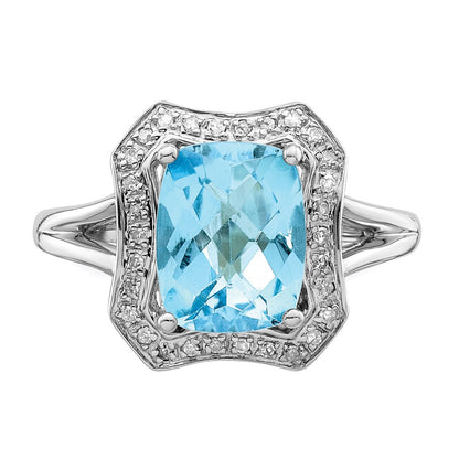 Sterling Silver Rhodium Checker-Cut Sky Blue Topaz u0026 Diamond Ring