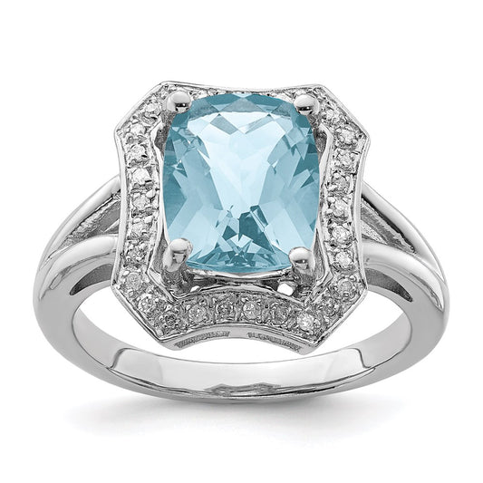 Sterling Silver Rhodium Checker-Cut Sky Blue Topaz u0026 Diamond Ring