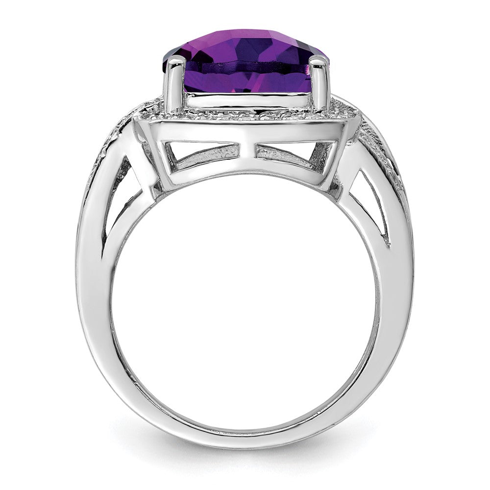 Sterling Silver Rhodium-plated Checker-Cut Amethyst u0026 Diamond Ring