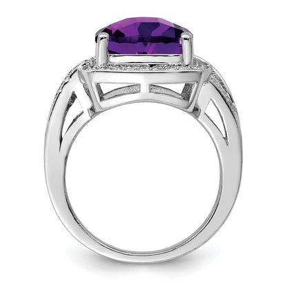 Sterling Silver Rhodium-plated Checker-Cut Amethyst u0026 Diamond Ring