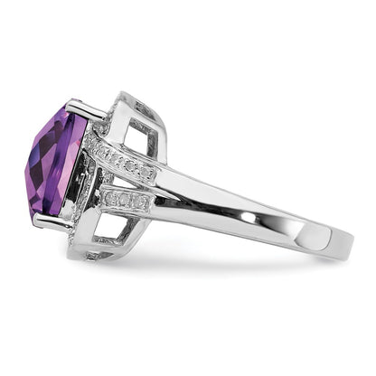 Sterling Silver Rhodium-plated Checker-Cut Amethyst u0026 Diamond Ring