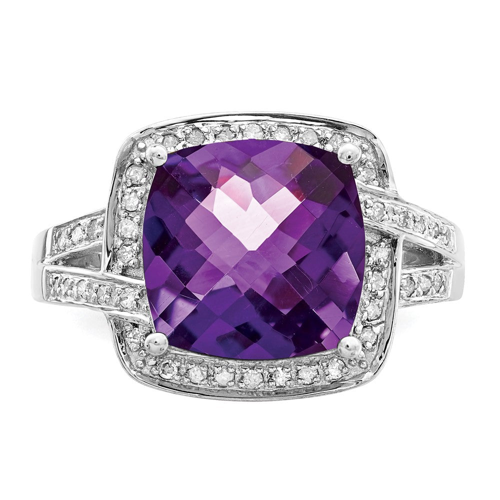 Sterling Silver Rhodium-plated Checker-Cut Amethyst u0026 Diamond Ring