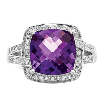 Sterling Silver Rhodium-plated Checker-Cut Amethyst u0026 Diamond Ring