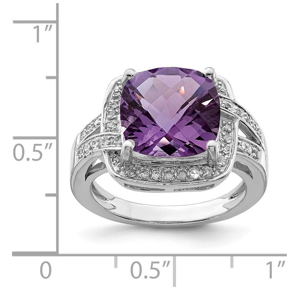 Sterling Silver Rhodium-plated Checker-Cut Amethyst u0026 Diamond Ring