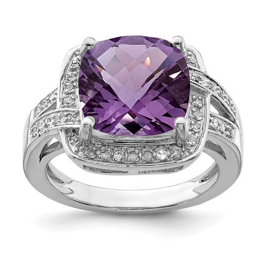 Sterling Silver Rhodium-plated Checker-Cut Amethyst u0026 Diamond Ring