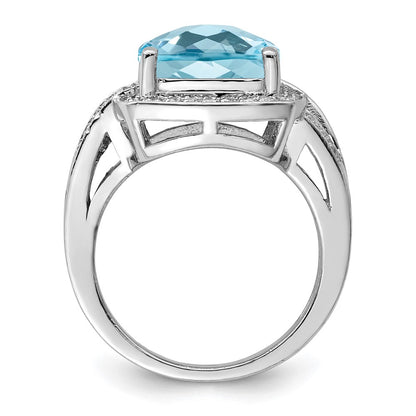 Sterling Silver Rhodium Checker-Cut Sky Blue Topaz u0026 Diamond Ring