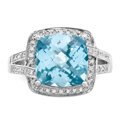 Sterling Silver Rhodium Checker-Cut Sky Blue Topaz u0026 Diamond Ring