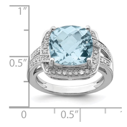 Sterling Silver Rhodium Checker-Cut Sky Blue Topaz u0026 Diamond Ring