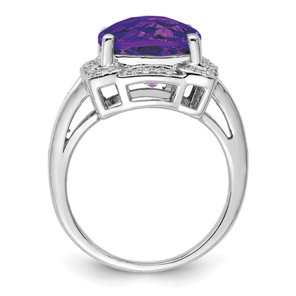 Sterling Silver Rhodium-plated Checker-Cut Amethyst u0026 Diamond Ring