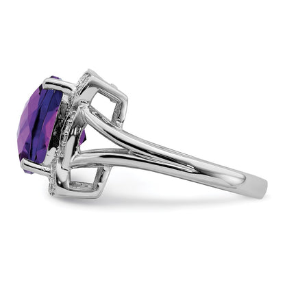 Sterling Silver Rhodium-plated Checker-Cut Amethyst u0026 Diamond Ring