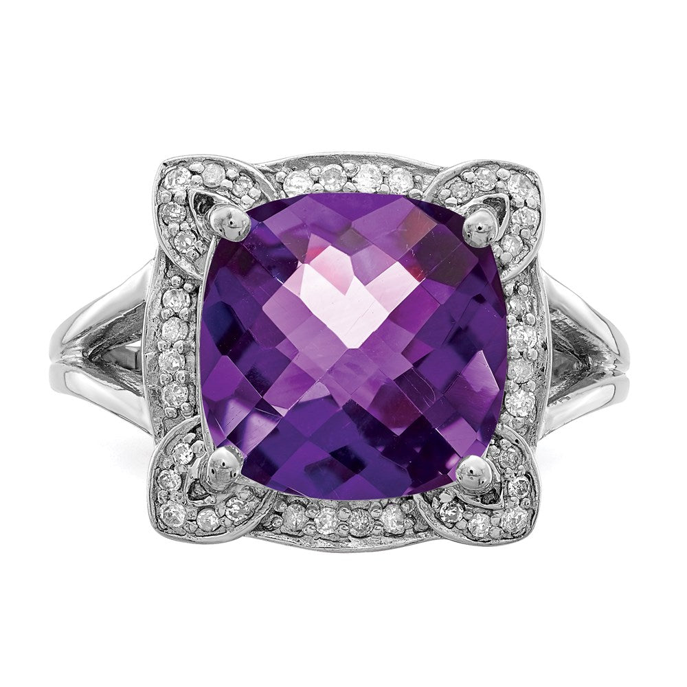 Sterling Silver Rhodium-plated Checker-Cut Amethyst u0026 Diamond Ring