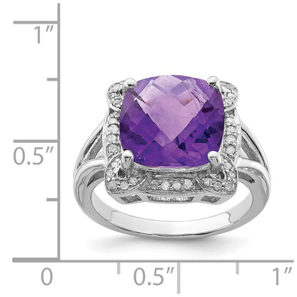 Sterling Silver Rhodium-plated Checker-Cut Amethyst u0026 Diamond Ring