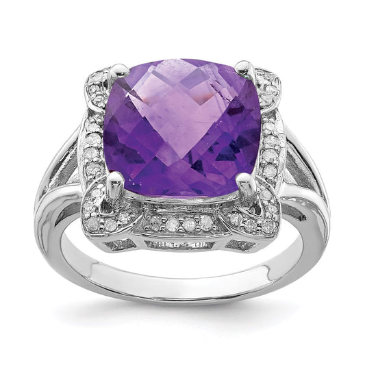 Sterling Silver Rhodium-plated Checker-Cut Amethyst u0026 Diamond Ring