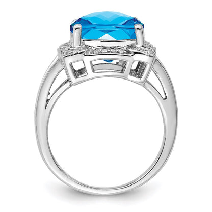 Sterling Silver Rhodium Checker-Cut Swiss Blue Topaz u0026 Diamond Ring