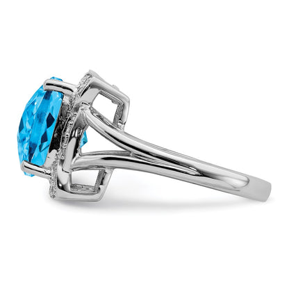 Sterling Silver Rhodium Checker-Cut Swiss Blue Topaz u0026 Diamond Ring