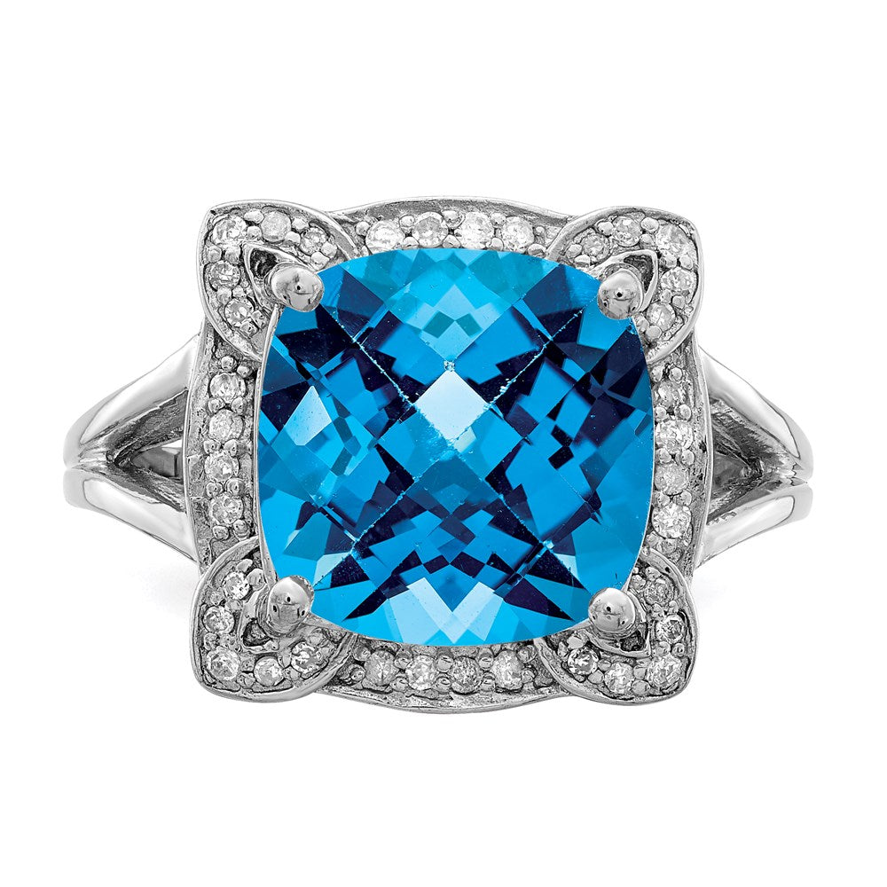 Sterling Silver Rhodium Checker-Cut Swiss Blue Topaz u0026 Diamond Ring