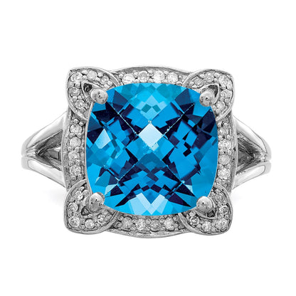 Sterling Silver Rhodium Checker-Cut Swiss Blue Topaz u0026 Diamond Ring