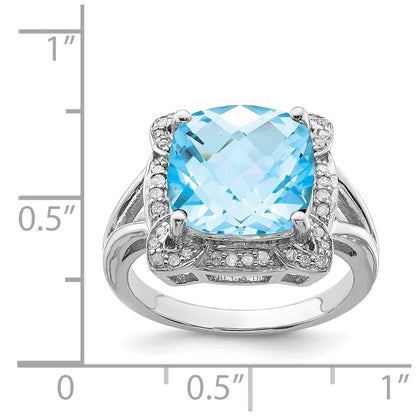 Sterling Silver Rhodium Checker-Cut Swiss Blue Topaz u0026 Diamond Ring