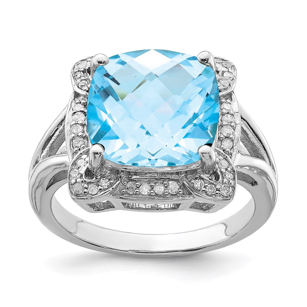 Sterling Silver Rhodium Checker-Cut Swiss Blue Topaz u0026 Diamond Ring