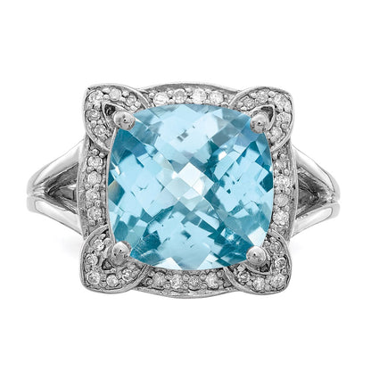Sterling Silver Rhodium Checker-Cut Sky Blue Topaz u0026 Diamond Ring