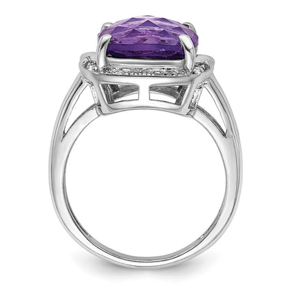 Sterling Silver Rhodium-plated Checker-Cut Amethyst u0026 Diamond Ring