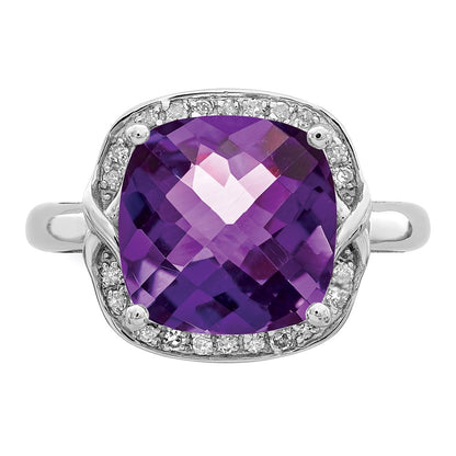 Sterling Silver Rhodium-plated Checker-Cut Amethyst u0026 Diamond Ring