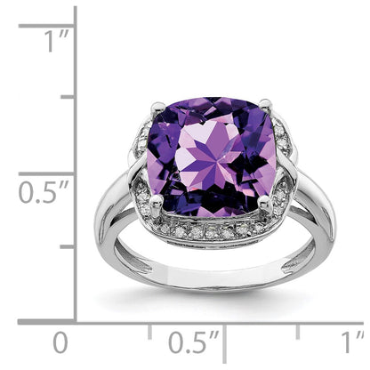 Sterling Silver Rhodium-plated Checker-Cut Amethyst u0026 Diamond Ring