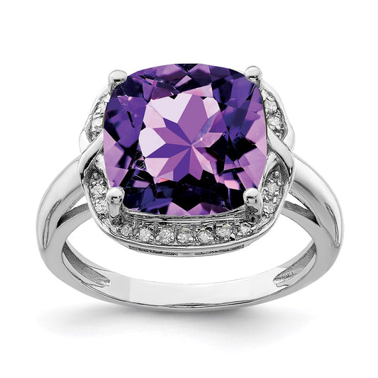 Sterling Silver Rhodium-plated Checker-Cut Amethyst u0026 Diamond Ring