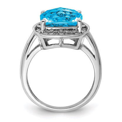Sterling Silver Rhodium Checker-Cut Swiss Blue Topaz u0026 Diamond Ring