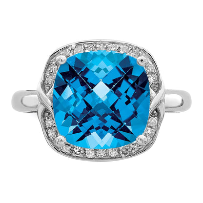 Sterling Silver Rhodium Checker-Cut Swiss Blue Topaz u0026 Diamond Ring
