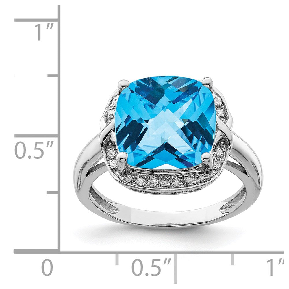Sterling Silver Rhodium Checker-Cut Swiss Blue Topaz u0026 Diamond Ring