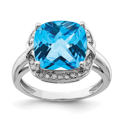 Sterling Silver Rhodium Checker-Cut Swiss Blue Topaz u0026 Diamond Ring