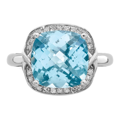 Sterling Silver Rhodium Checker-Cut Sky Blue Topaz u0026 Diamond Ring