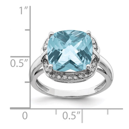 Sterling Silver Rhodium Checker-Cut Sky Blue Topaz u0026 Diamond Ring
