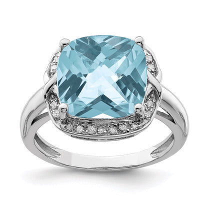 Sterling Silver Rhodium Checker-Cut Sky Blue Topaz u0026 Diamond Ring