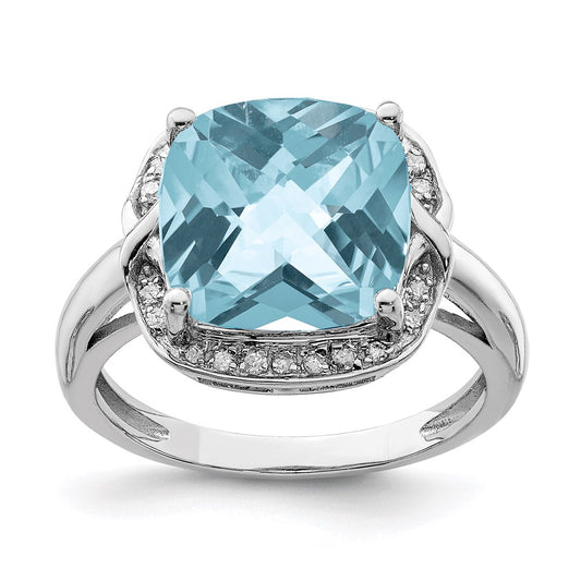 Sterling Silver Rhodium Checker-Cut Sky Blue Topaz u0026 Diamond Ring