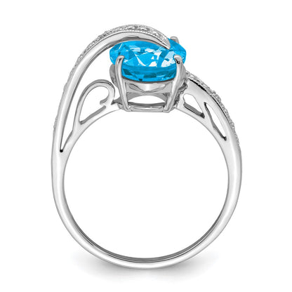 Sterling Silver Rhodium-plated Polished Swiss Blue Topaz Dia Accent Ring