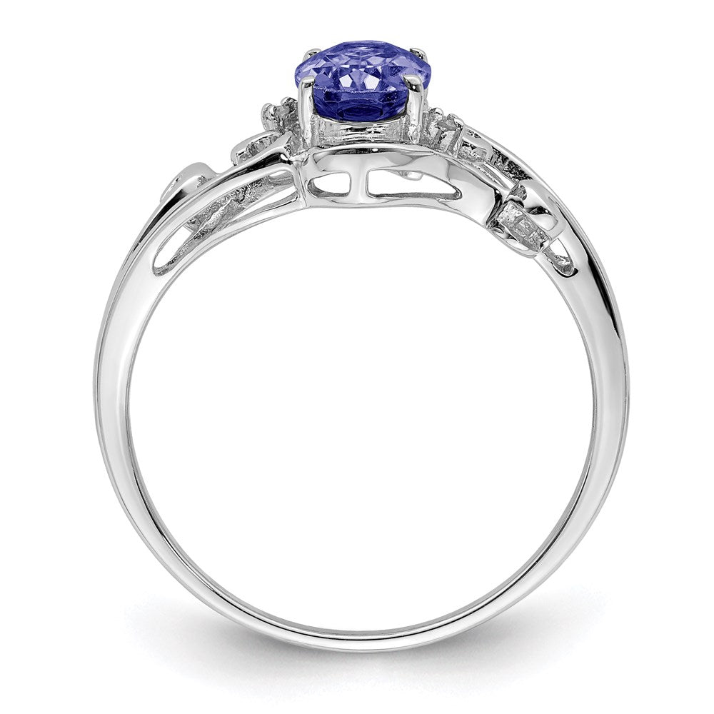 Sterling Silver Rhodium Plated Diamond and Tanzanite Oval Ring